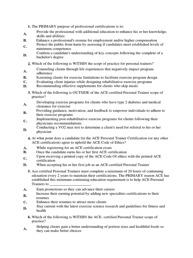 Ace Practice Test PDF Personal Trainer Physical Exercise