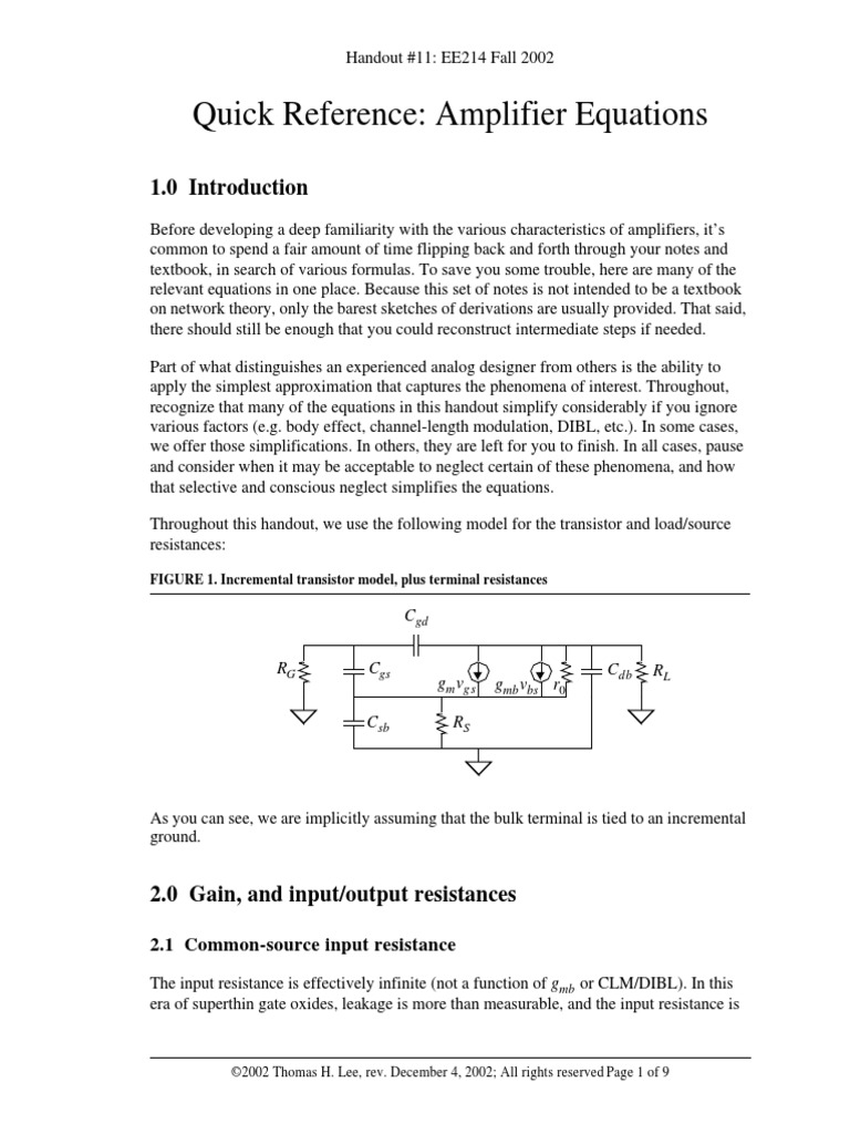 Quick Reference Amplifier Equations 2.1 CommonSource Input Resistance PDF Amplifier