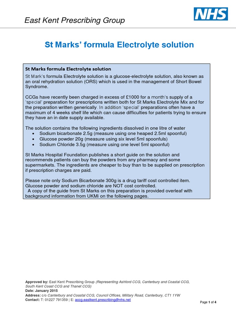 St Marks Formula Electrolyte Solution EKPG Information Jan 2015 Kent Electrolyte