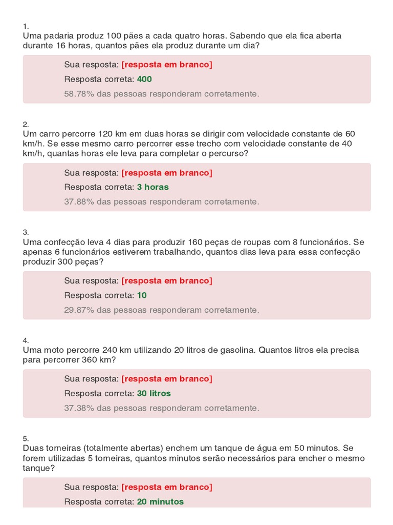 Exercícios de Regra de Três Quiz Racha Cuca GABARITO