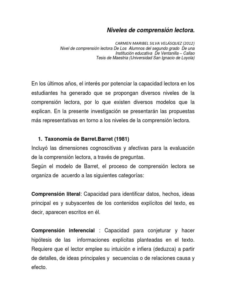 Niveles de Comprensión Lectora COPER Y BARRETT | PDF | Comprensión ...