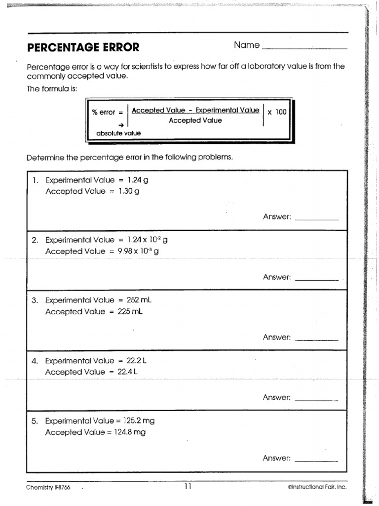 Percent Error Practice Worksheet  PDF With  Regard To Percent Error Worksheet Answers