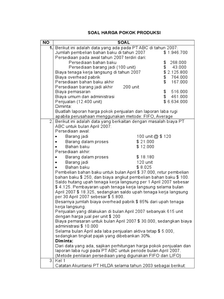 Contoh Soal Laporan Harga Pokok Produksi 1 Departemen