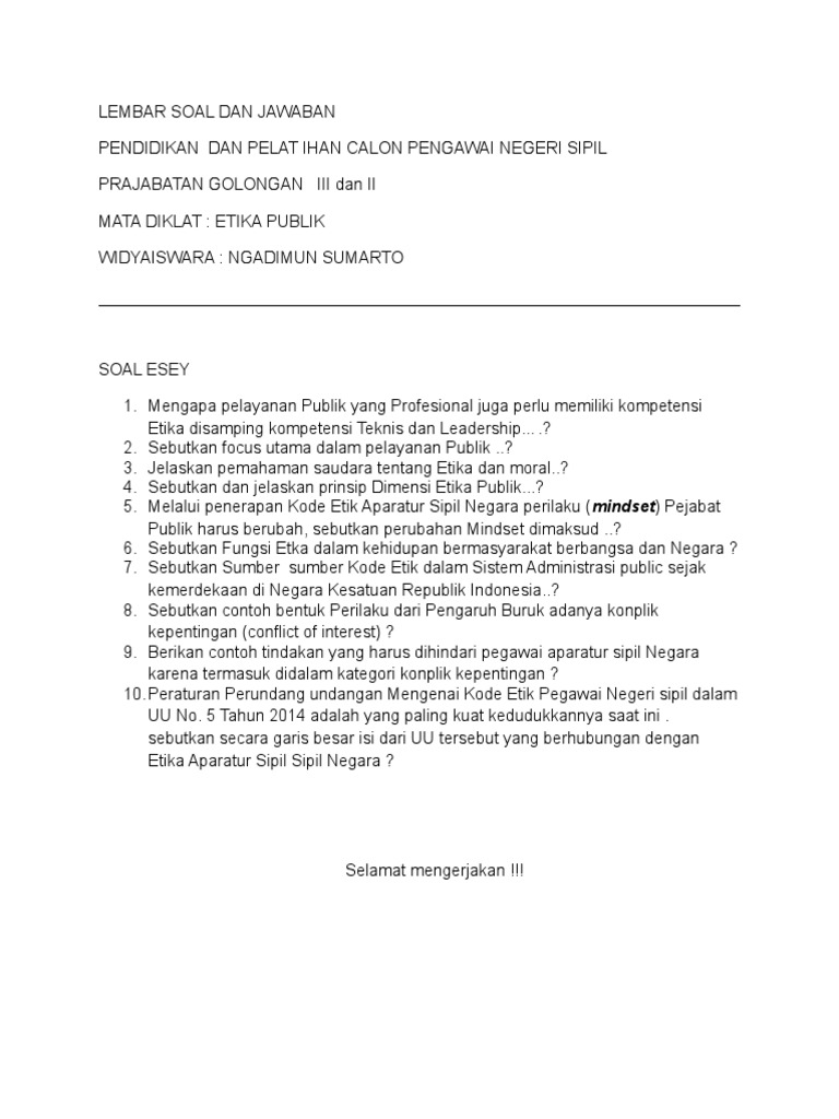 Lembar Soal Dan Jawaban Etika Publik Prajab