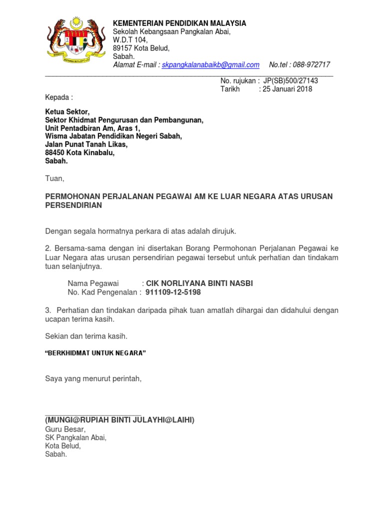 Alamat Permohonan Keluar Negara Jabatan Pendidikan Negeri Sabah