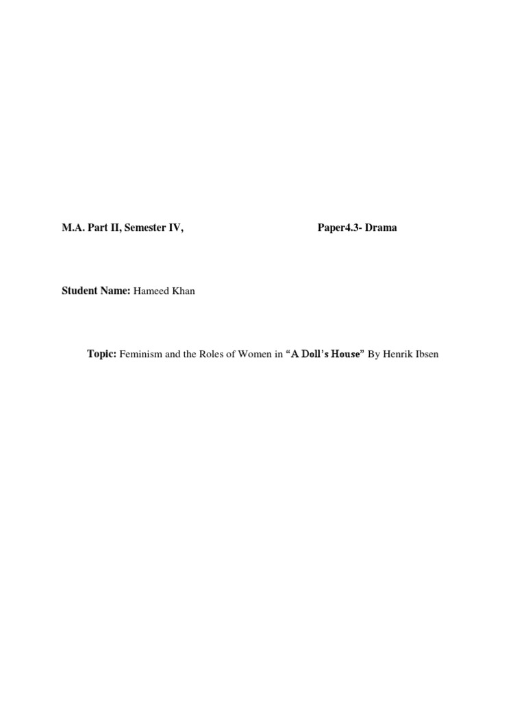 Feminism and The Roles of Women in "A Doll's House" by Henrik Ibsen