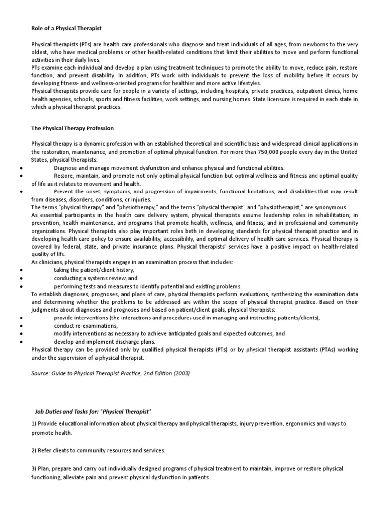 Role of A Physical Therapist PDF Physical Therapy Cognition