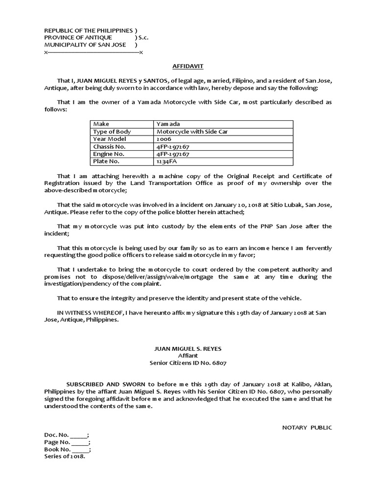 Affidavit of Undertaking (Motor Cycle)  Affidavit  Vehicles
