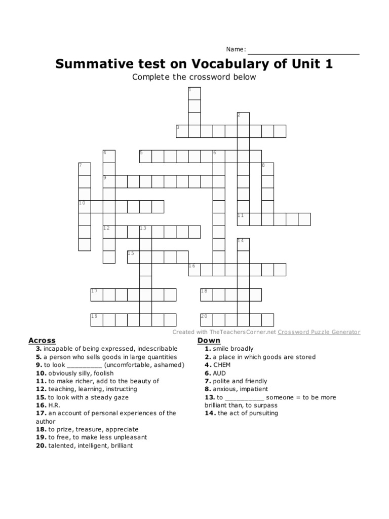 Vocabulary Unit 1 Crossword Puzzle | PDF