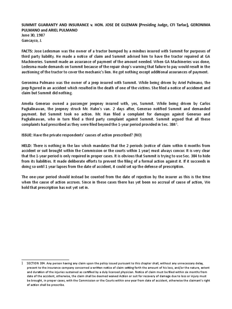 67 Summit Guaranty and Insurance v. de Guzman PDF Statute Of