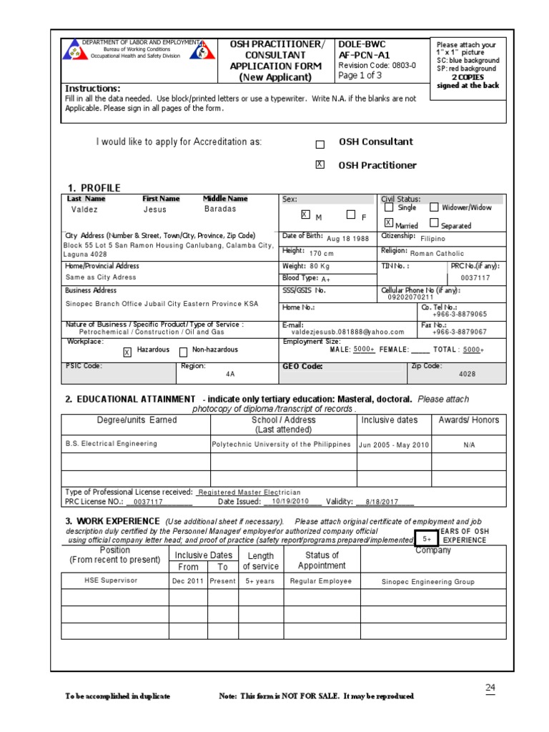 Application Form OSH Practitioner Occupational Safety And Health Labour