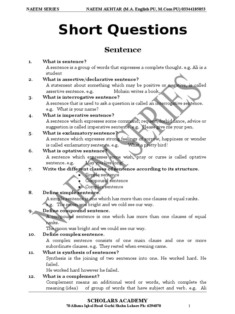 Short Questions Sentence PDF Grammatical Gender Verb