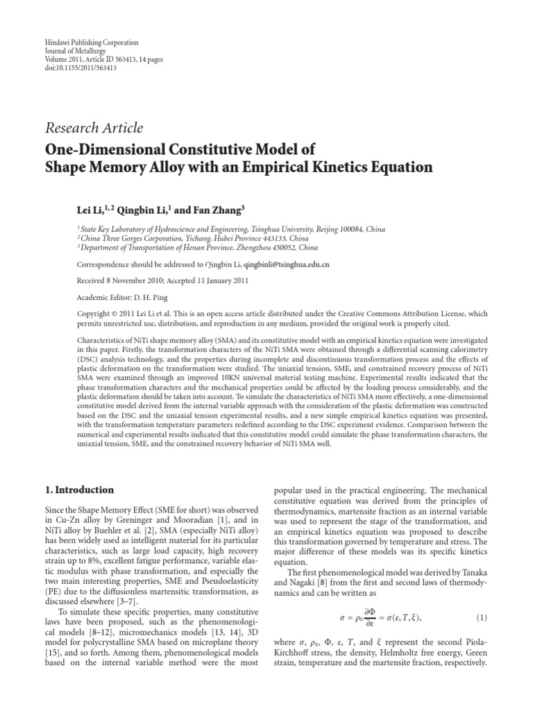 Research Article: One-Dimensional Constitutive Model of Shape Memory ...