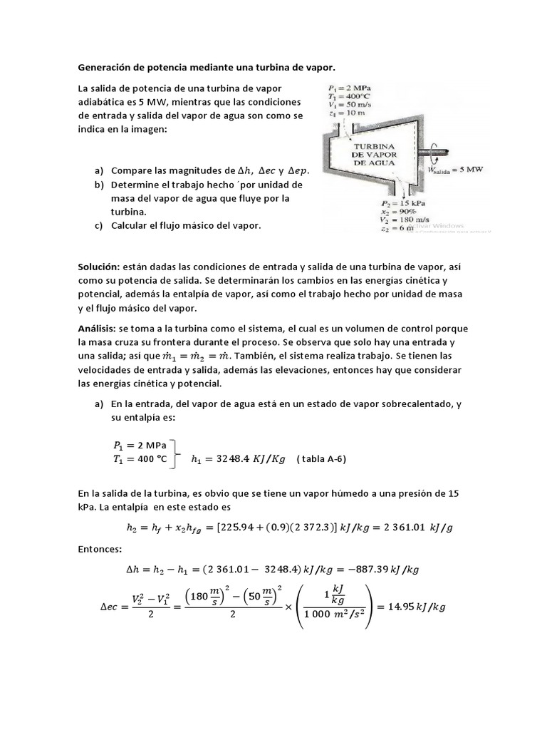 Potencia de turbina de vapor y cálculos | PDF | Turbina | Entalpía