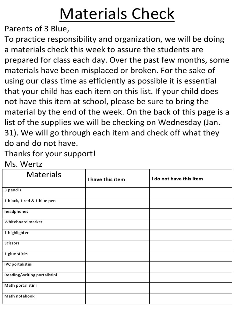 Materials Check | PDF | Language Arts & Discipline | Self-Improvement