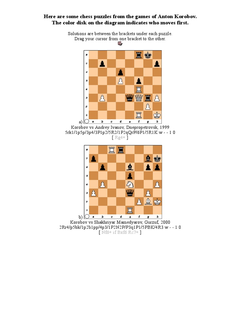 Chess Puzzles by Anton Korobov | PDF | Chess | Abstract Strategy Games