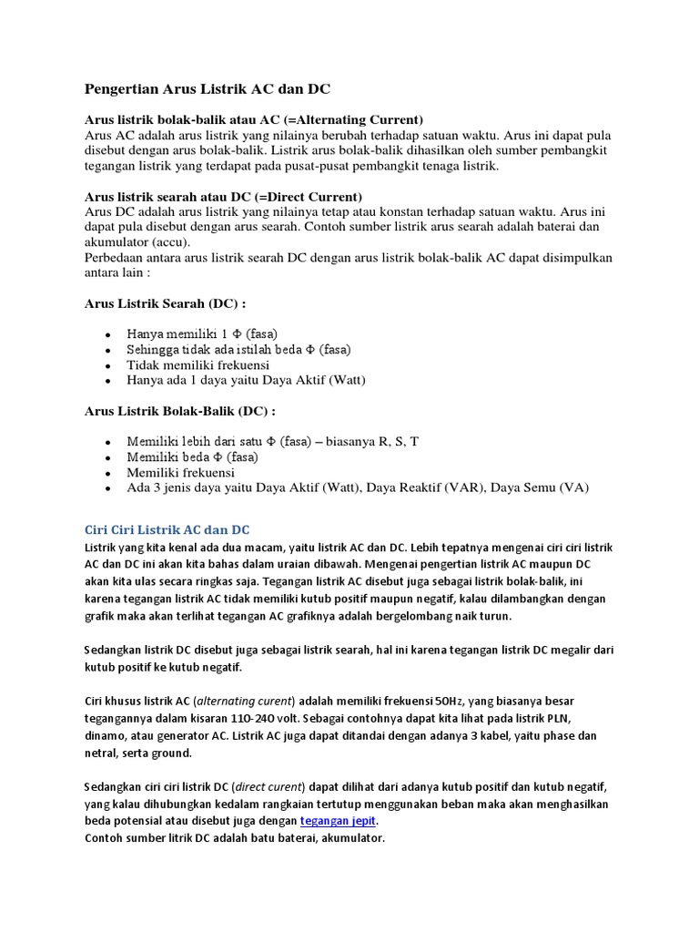 Pengertian Arus Listrik AC Dan DC | PDF