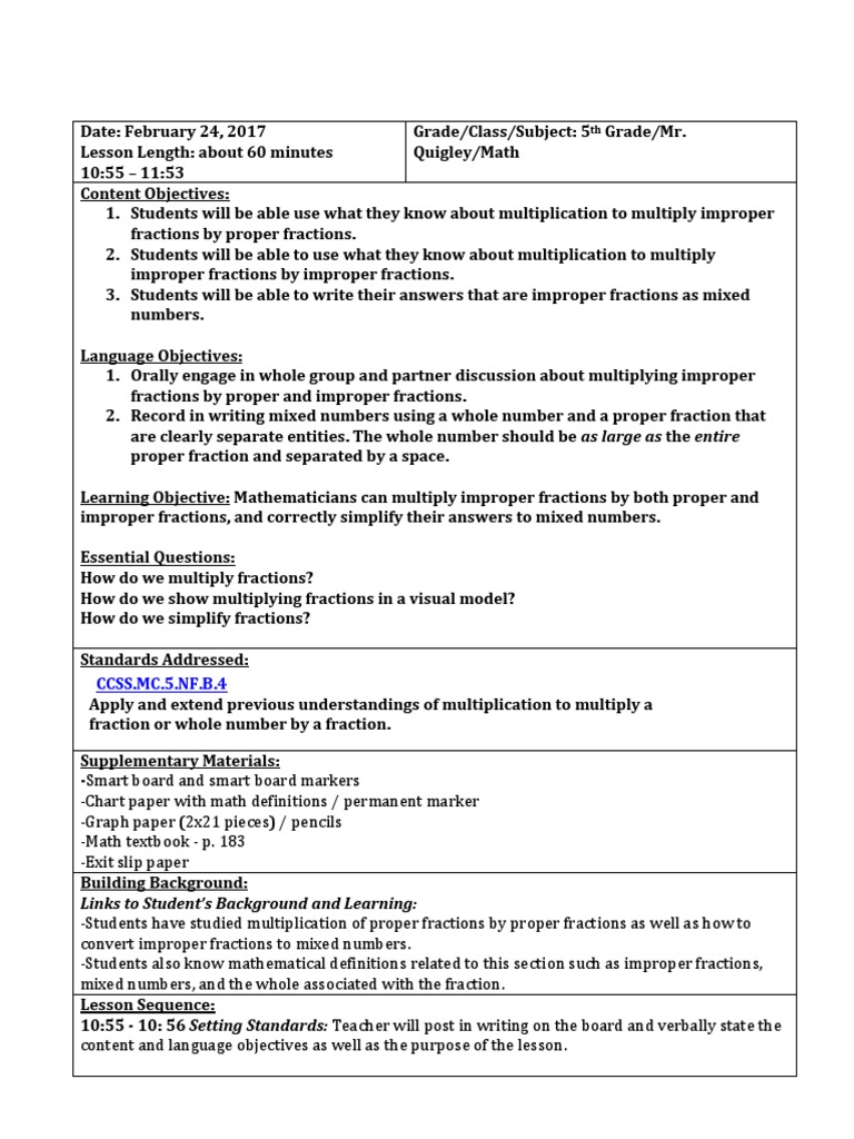 Multiply Improper Fractions Lesson Plan | PDF | Fraction (Mathematics ...