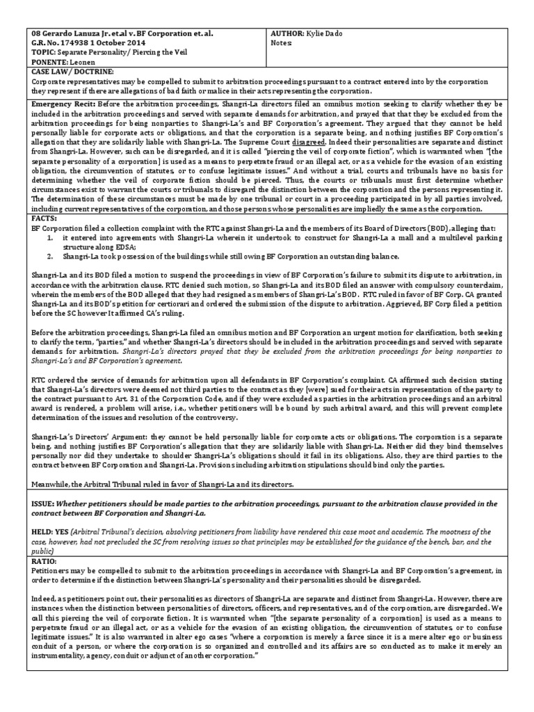 Lanuza Et Al v. BF Corp | PDF | Piercing The Corporate Veil