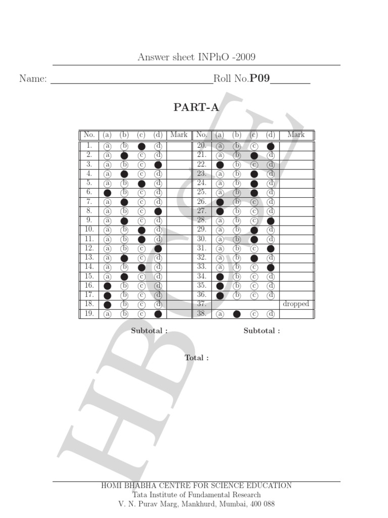 INPhO 2009 Answer Sheet | PDF
