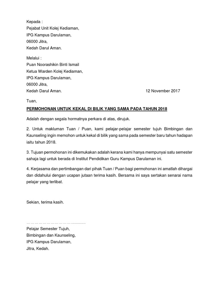 Surat Stay Bilik Pdf