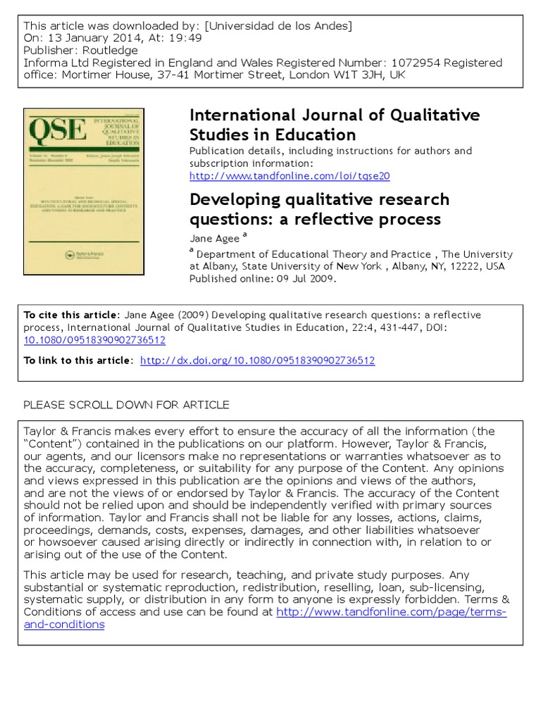 agee 2009 developing qualitative research questions