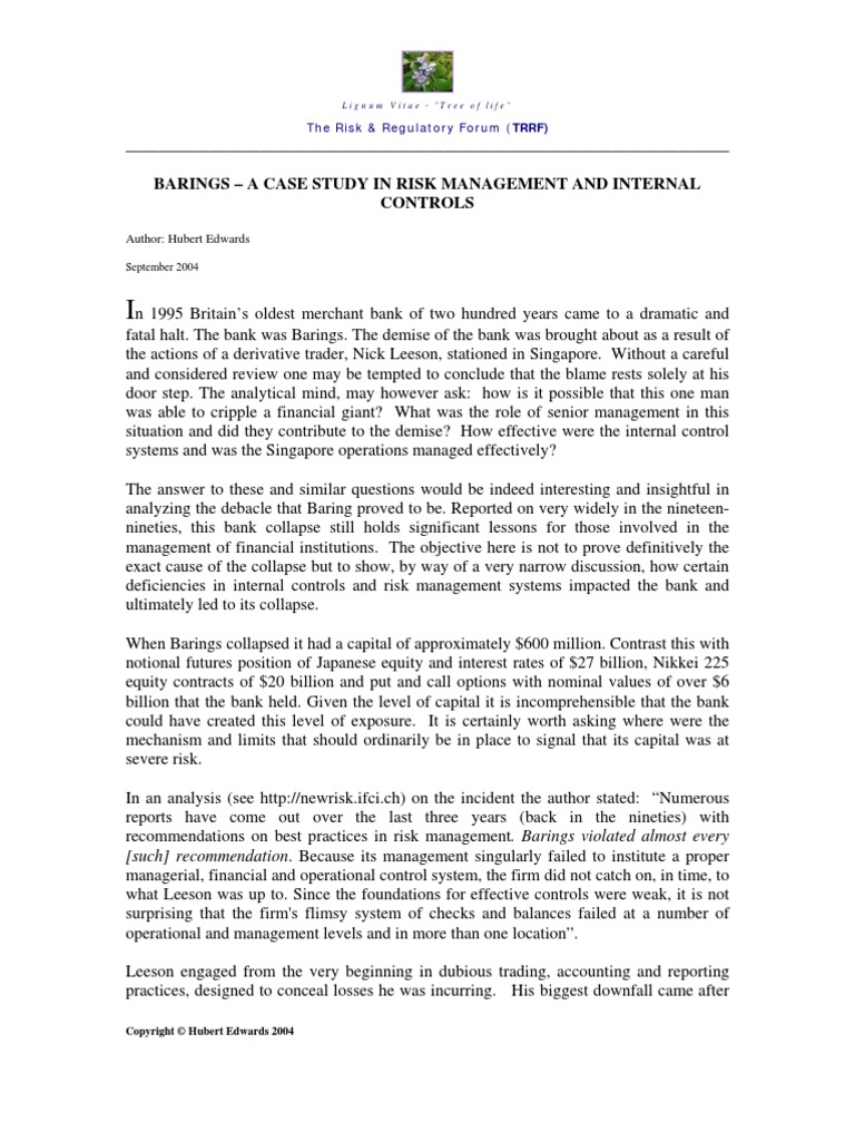 Barings A Case Study In Risk Management And Internal Controls Study