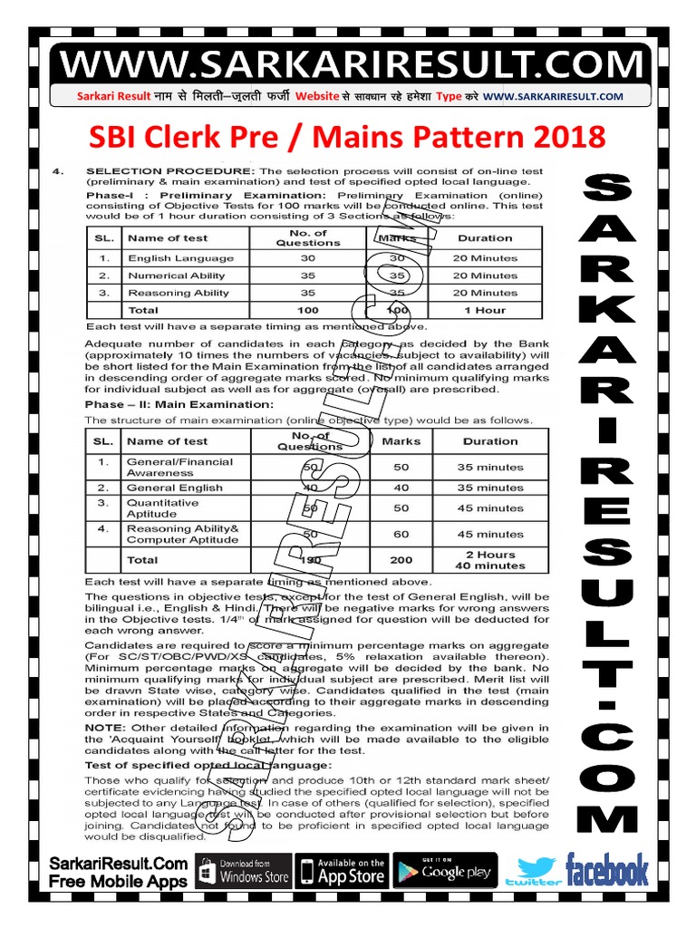 SBI Clerk Pre / Mains Pattern 2018 SBI Clerk Pre / Mains Pattern 2018 ...