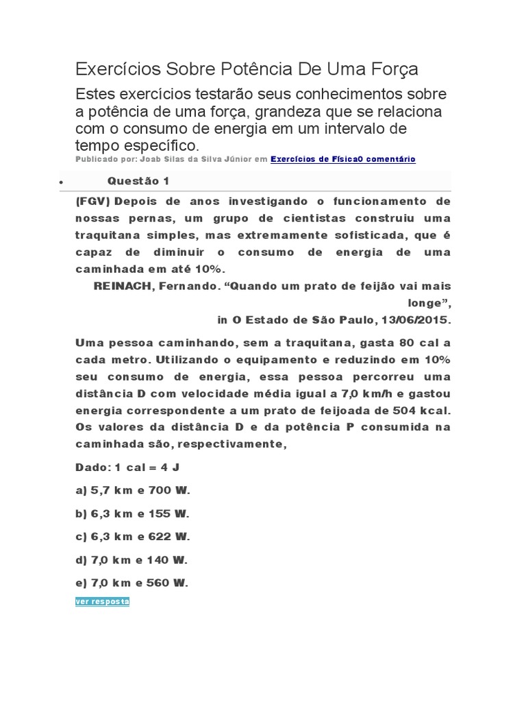 16 Exercícios Sobre Potência de Uma Força | PDF | Potência (Física ...