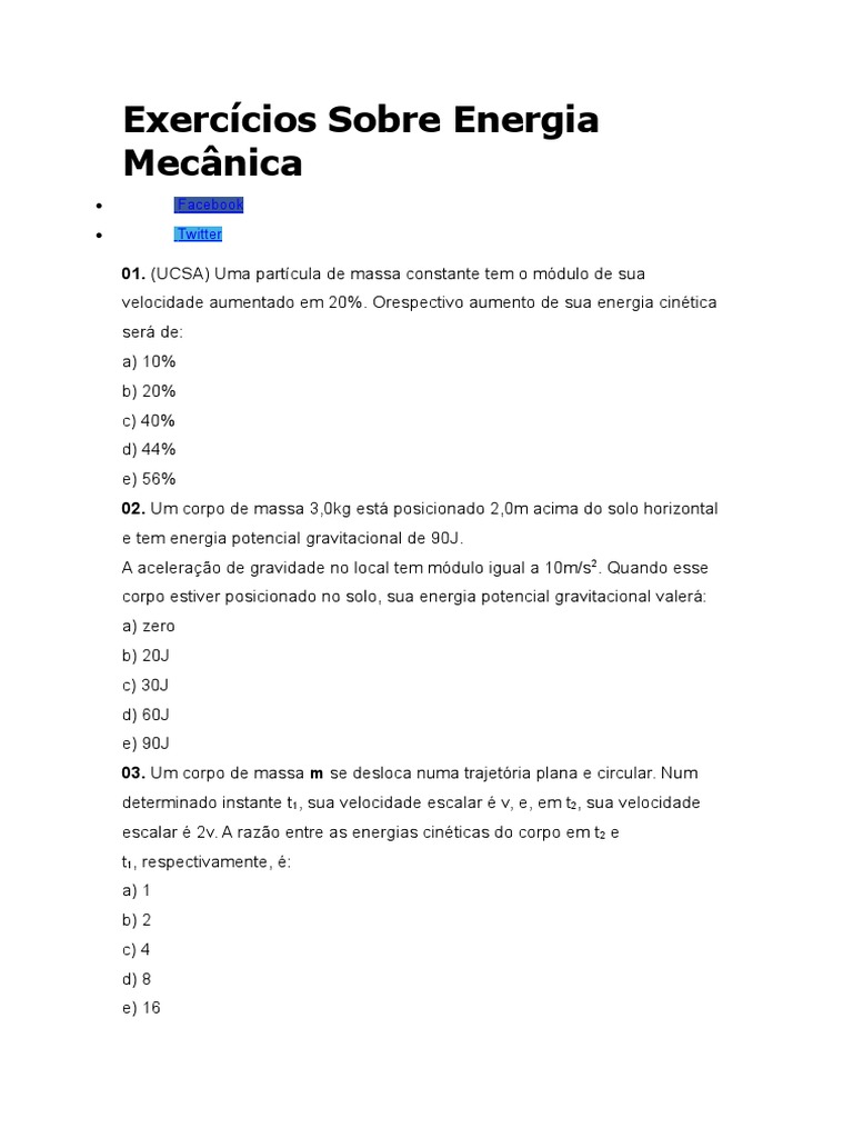 17 Exercícios Sobre Energia Mecânica | Energia Cinética | Massa
