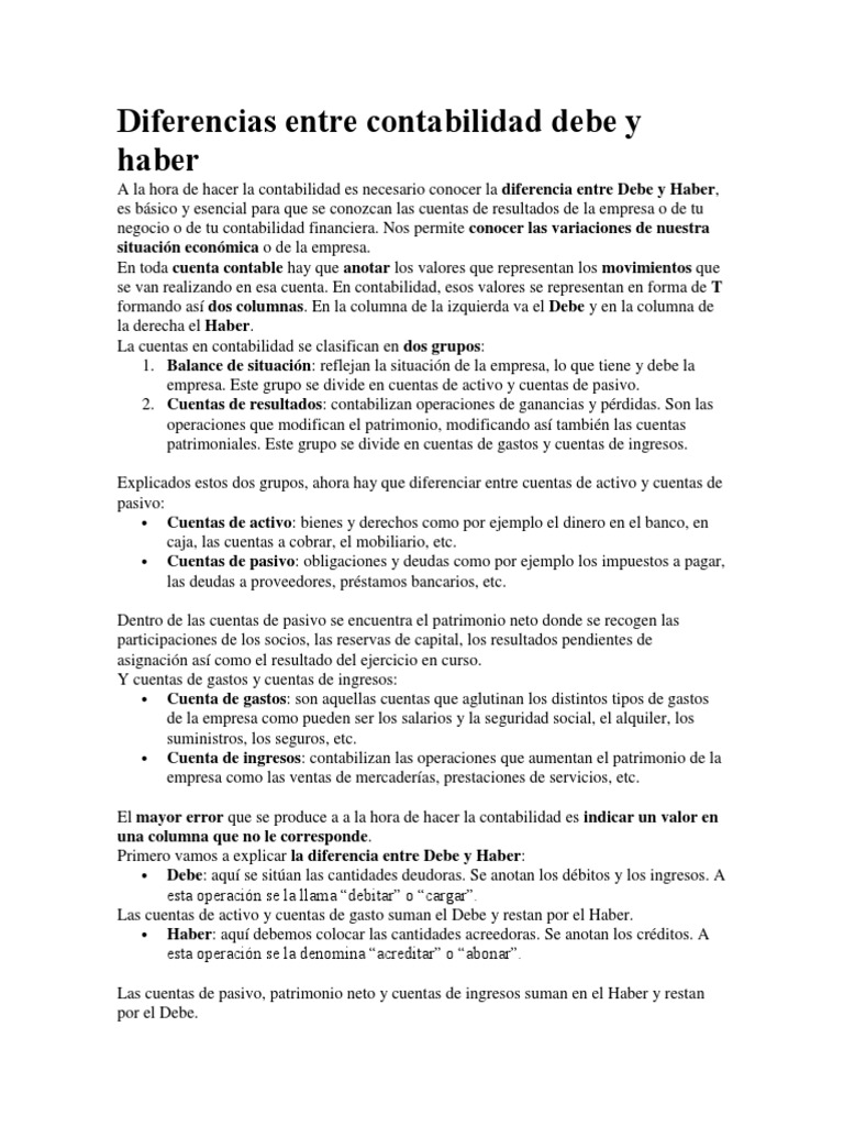 Diferencia Debe y Haber Contabilidad Business