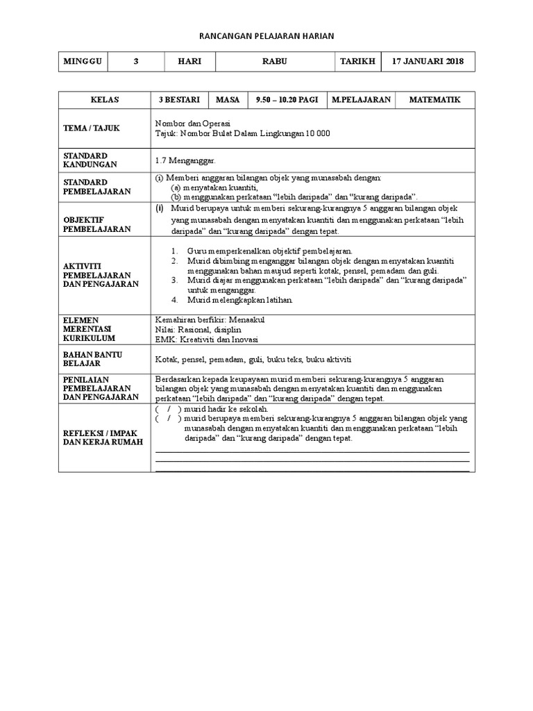 Contoh RPH Ringkas Matematik Tahun 3 | PDF