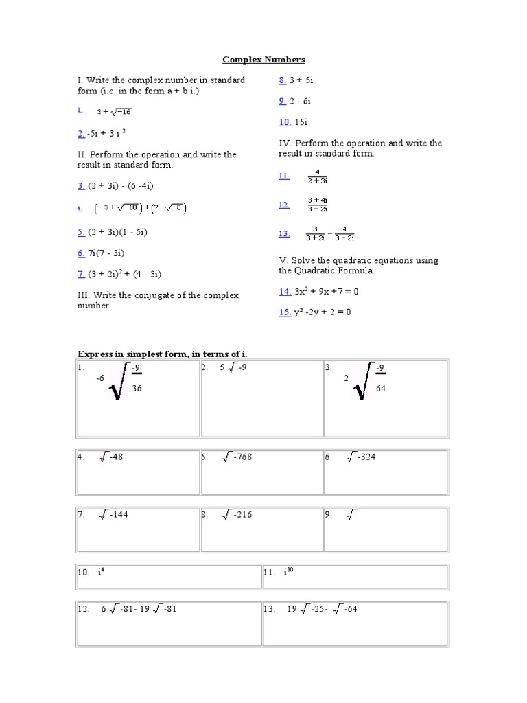 Complex Numbers Exercise  Quadratic Equation  Complex Number