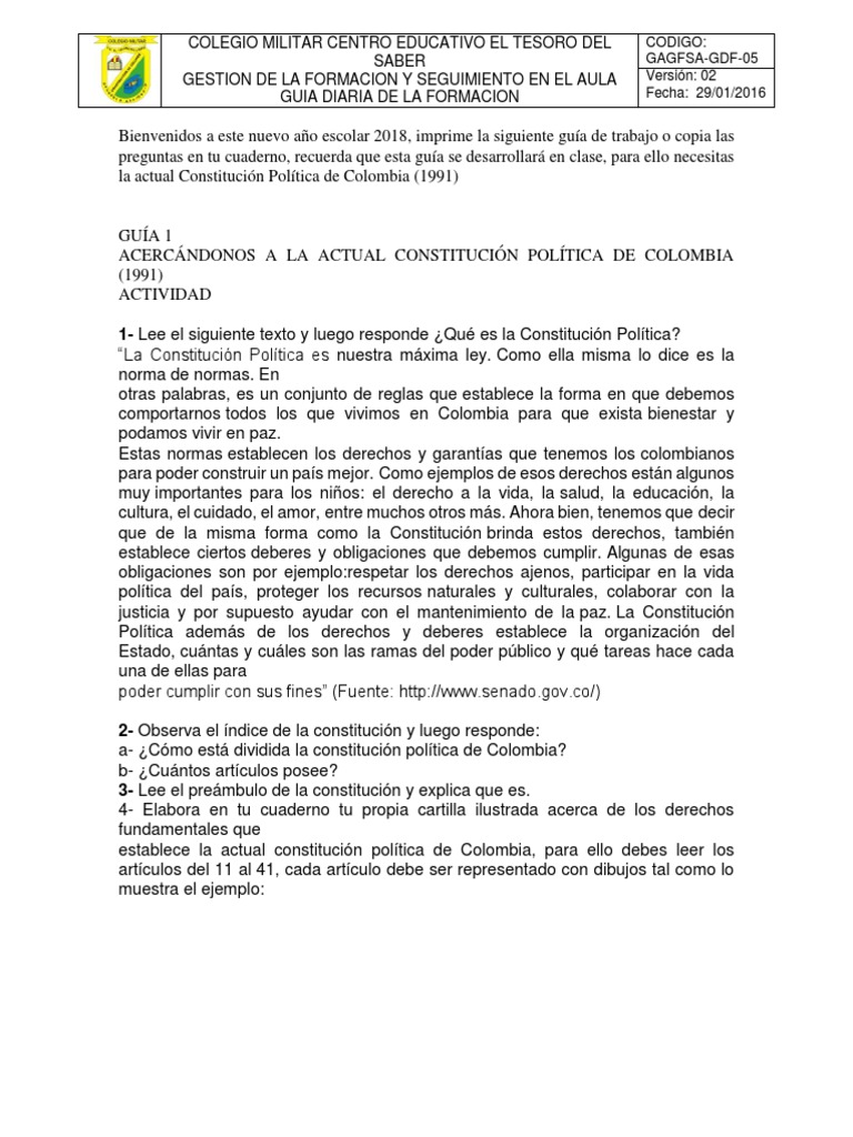 Guía sobre la Constitución de 1991 en Colombia | PDF | Colombia ...