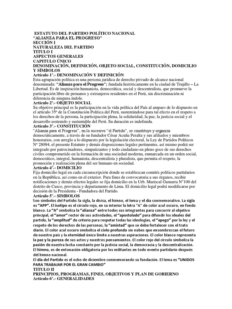 Estatuto Del Partido Político Nacional Democracia Política