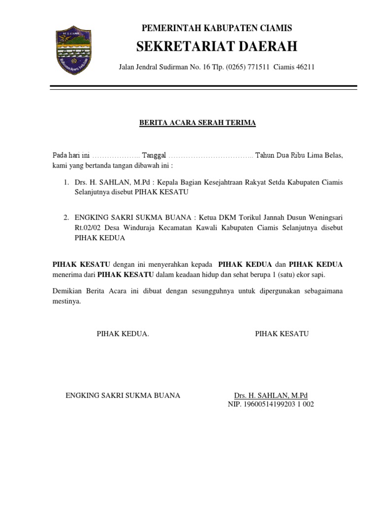 Berita Acara Serah Terima Qurban