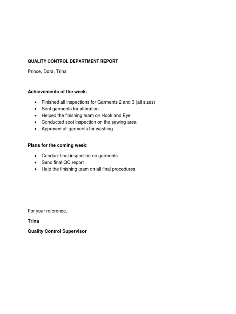 Weekly Quality Control Summary | PDF | Technology & Engineering