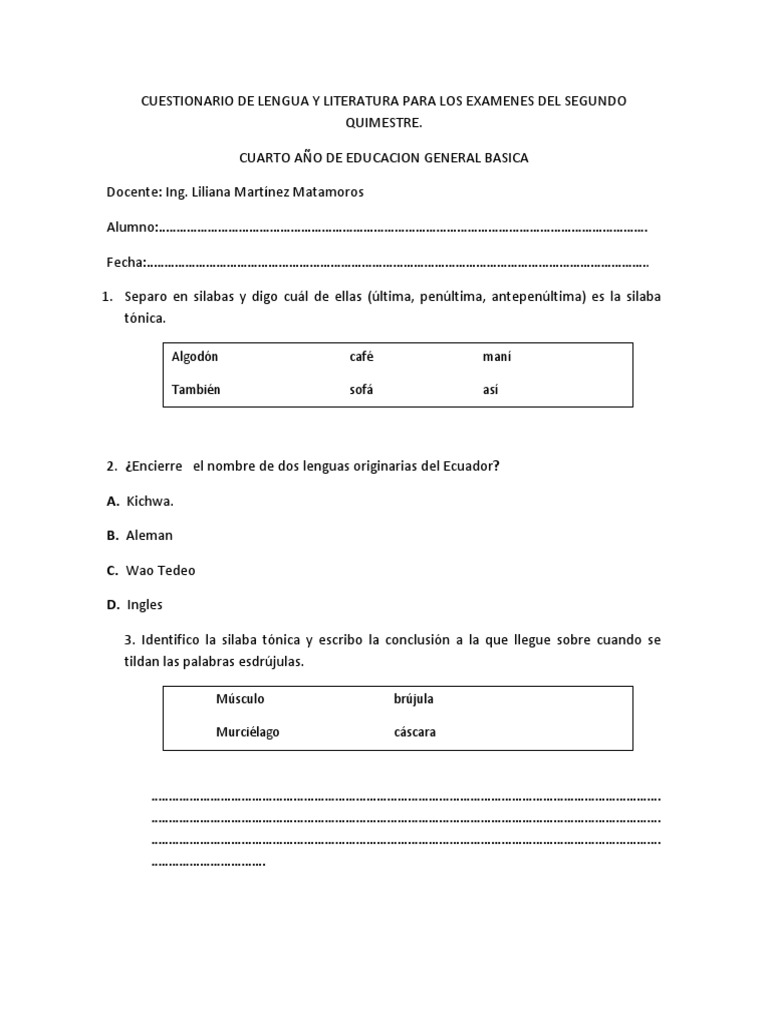 Cuestionario de Lengua y Literatura 4to Año | PDF | Rima | Tipología ...