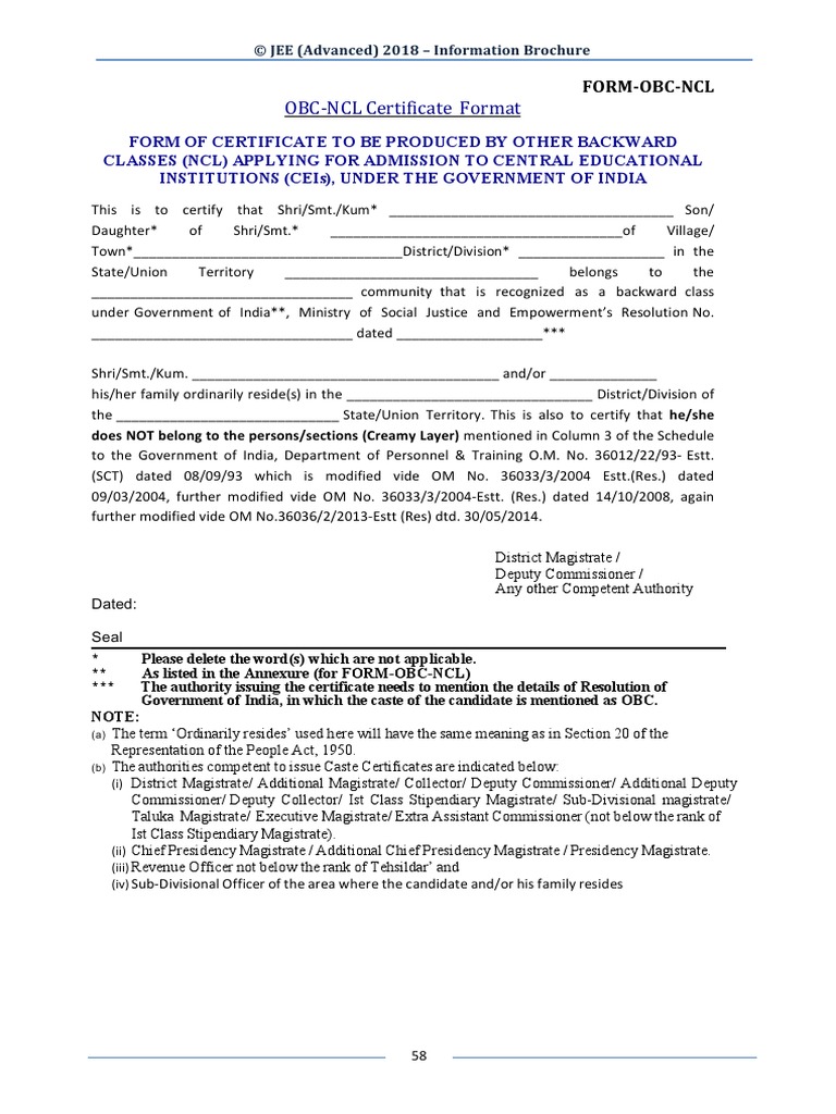 Obc Ncl Certificate Format Magistrate Politics