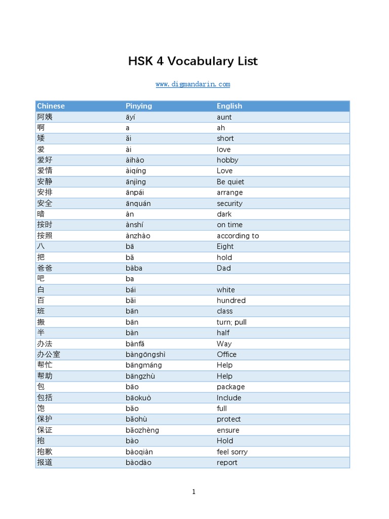 Hsk 4 Word List Pdf