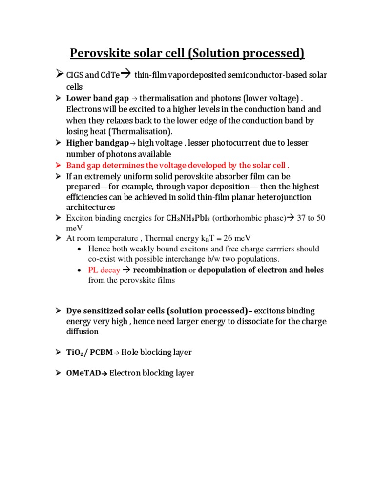 Perovskite Solar Cell NOTES | PDF | Band Gap | Thin Film Solar Cell
