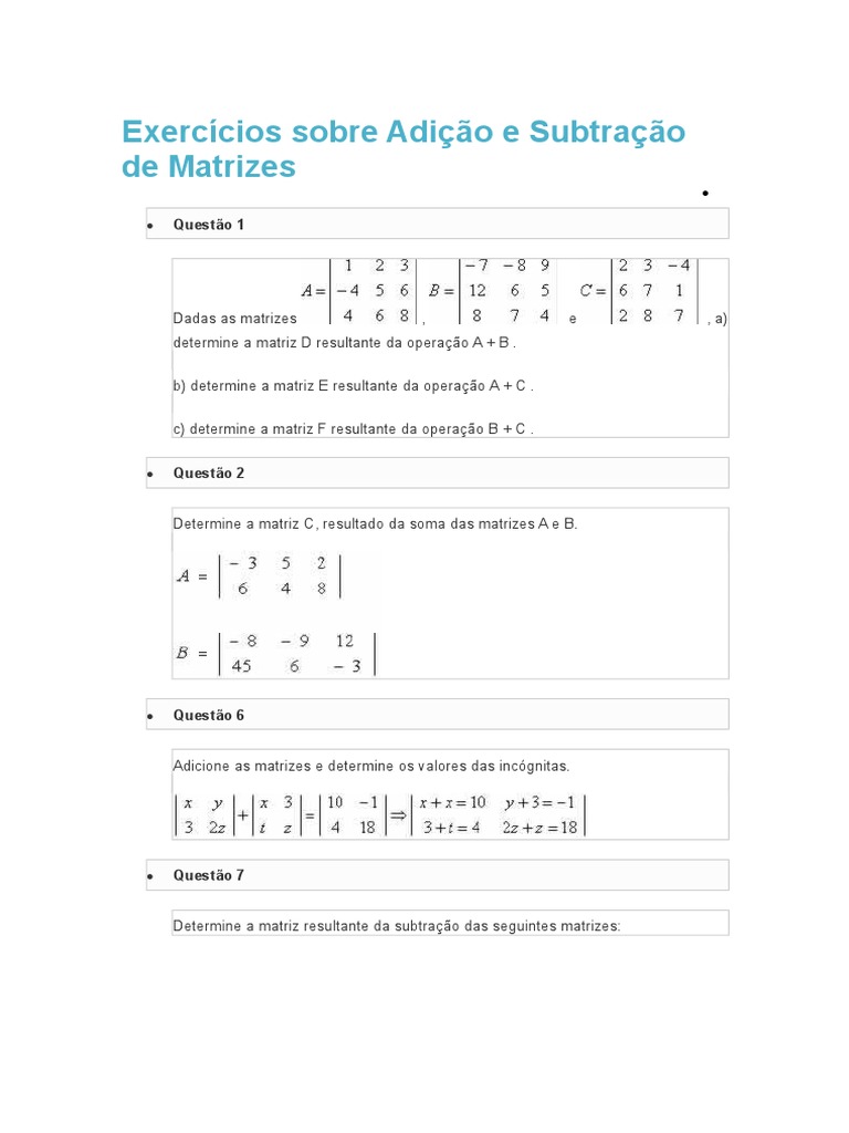 Exercícios Sobre Adição e Subtração de Matrizes Atualizada ...