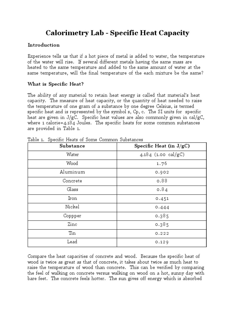 Calorimetry Lab Heat Capacity Heat Calorimetry Lab Heat Capacity Heat
