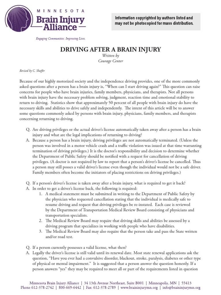 Driving After A Brain Injury: Written by Courage Center | PDF | Driving ...
