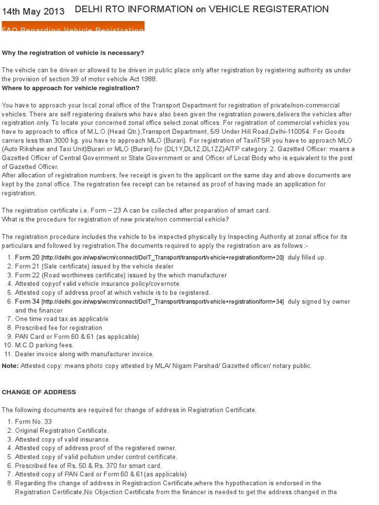 Delhi Rto Information on Vehicle Registration | Vehicles | Notary Public