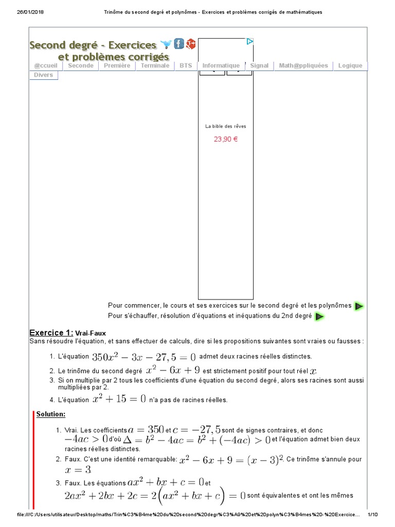 Equation Du Second Degré Exercice Corrigé Bac Pro Pdf Trinôme Du Second Degré Et Polynômes - Exercices Et Problèmes Corrigés de  Mathématiques | PDF | Nombre réel | Polynôme