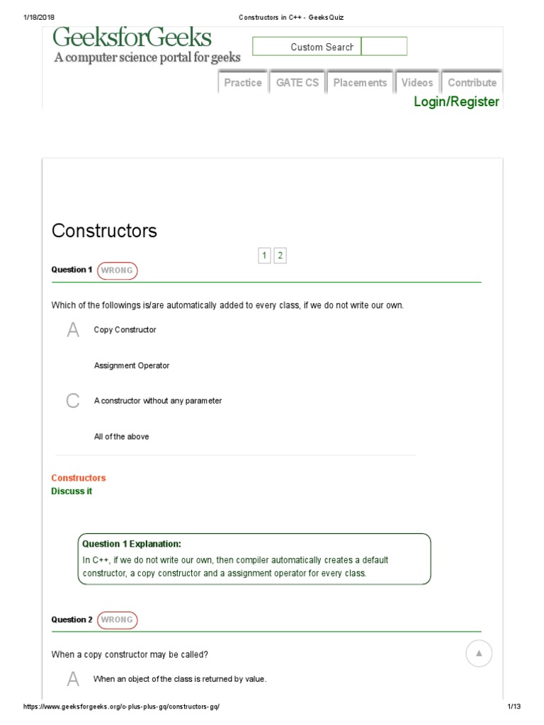 Constructors in C++ - GeeksQuiz | PDF | Constructor (Object Oriented ...