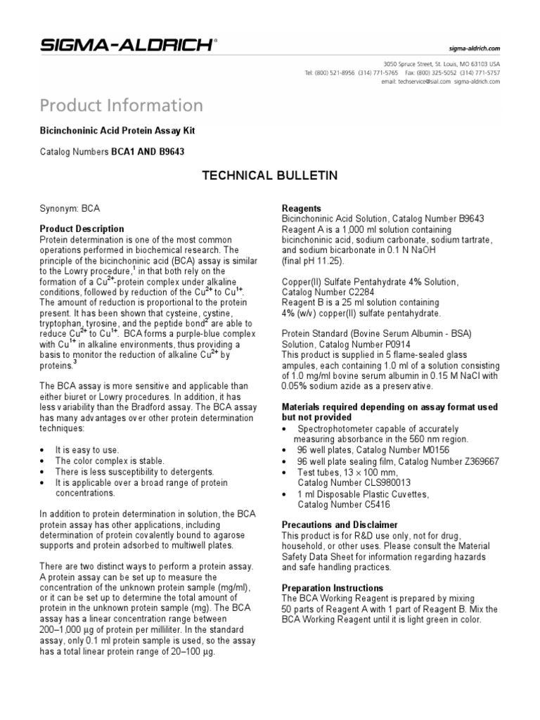 Sigma BCA Protein Assay Protocol PDF Assay Chemical Compounds