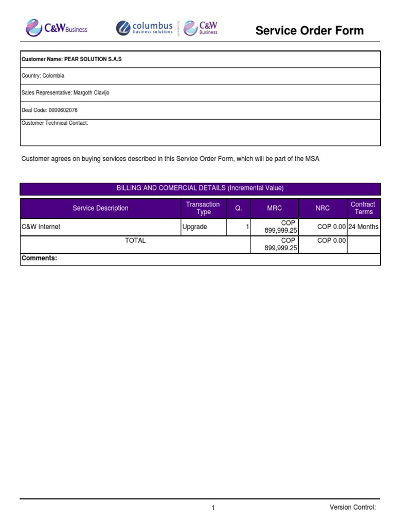 Service Order Form: Billing and Comercial Details (Incremental Value ...
