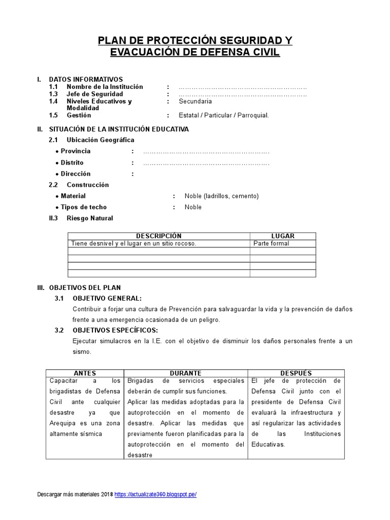 Plan de Seguridad y Evacuación Escolar | PDF | Defensa Civil ...